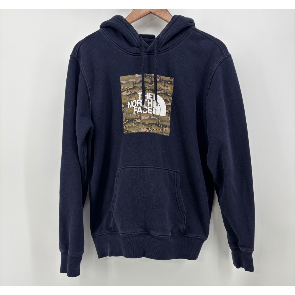 The North Face Hoodie Men's Small Navy Blue Fish Camo Box Logo Pullover